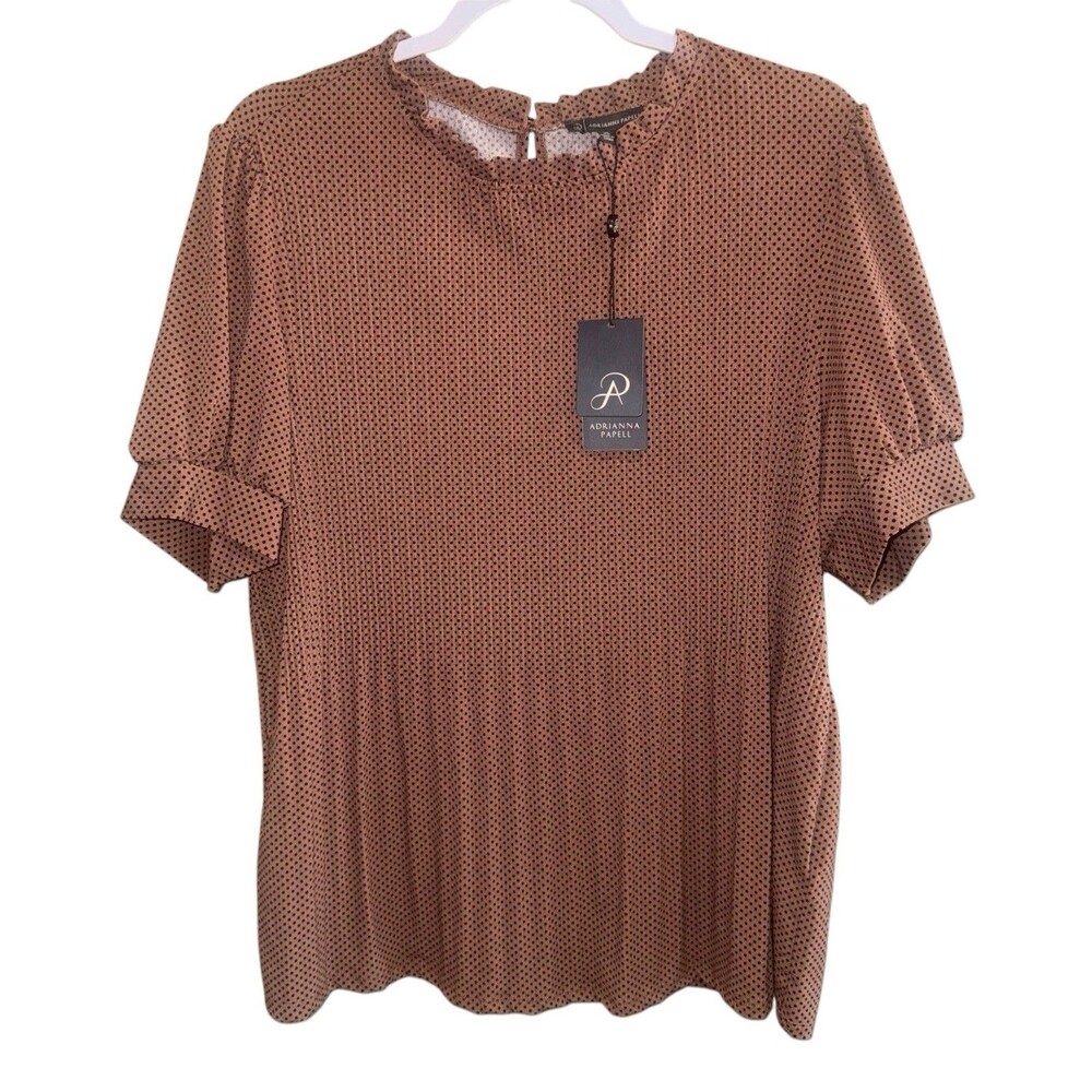 NWT Adrianna Papell Polka Dot Print Ruffle Neck Puffed Sleeve Pleated Top XL $69